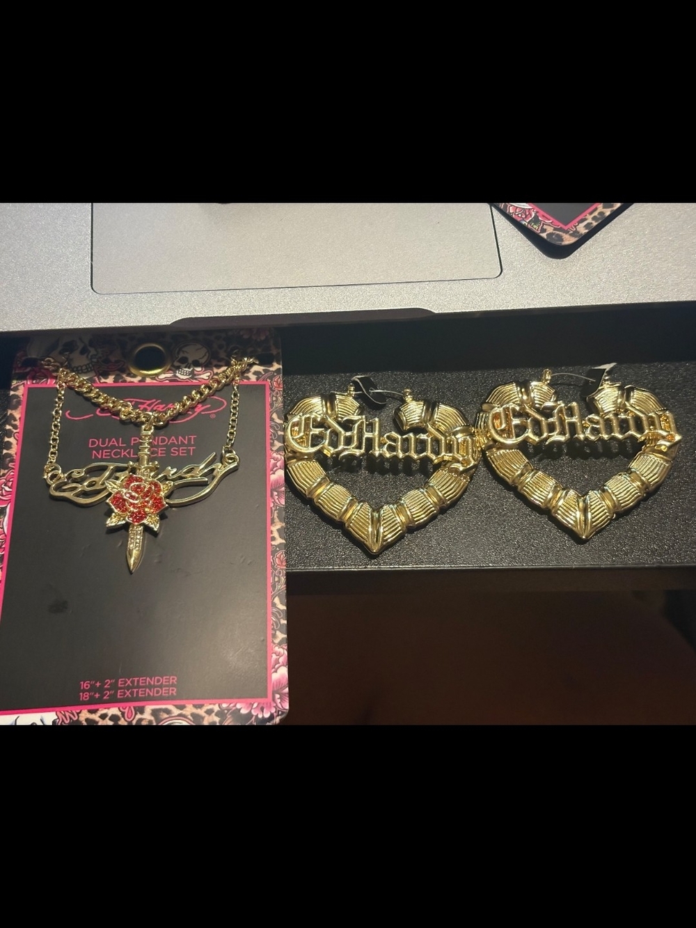 Ed Hardy Gold-Tone Dual Pendant Necklace and Gold Name Hoop Earrings